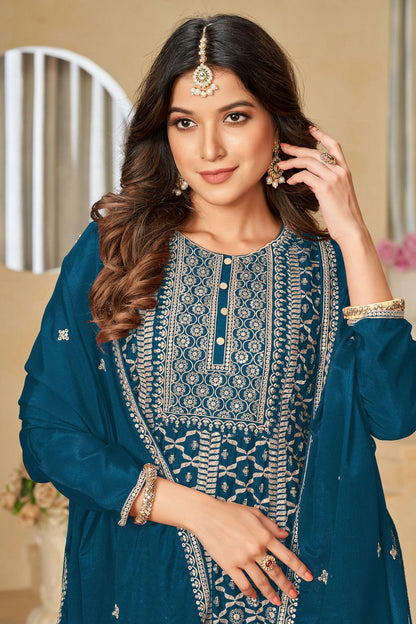 Teal Colour Sharara Suit Chinon Semi Stitched