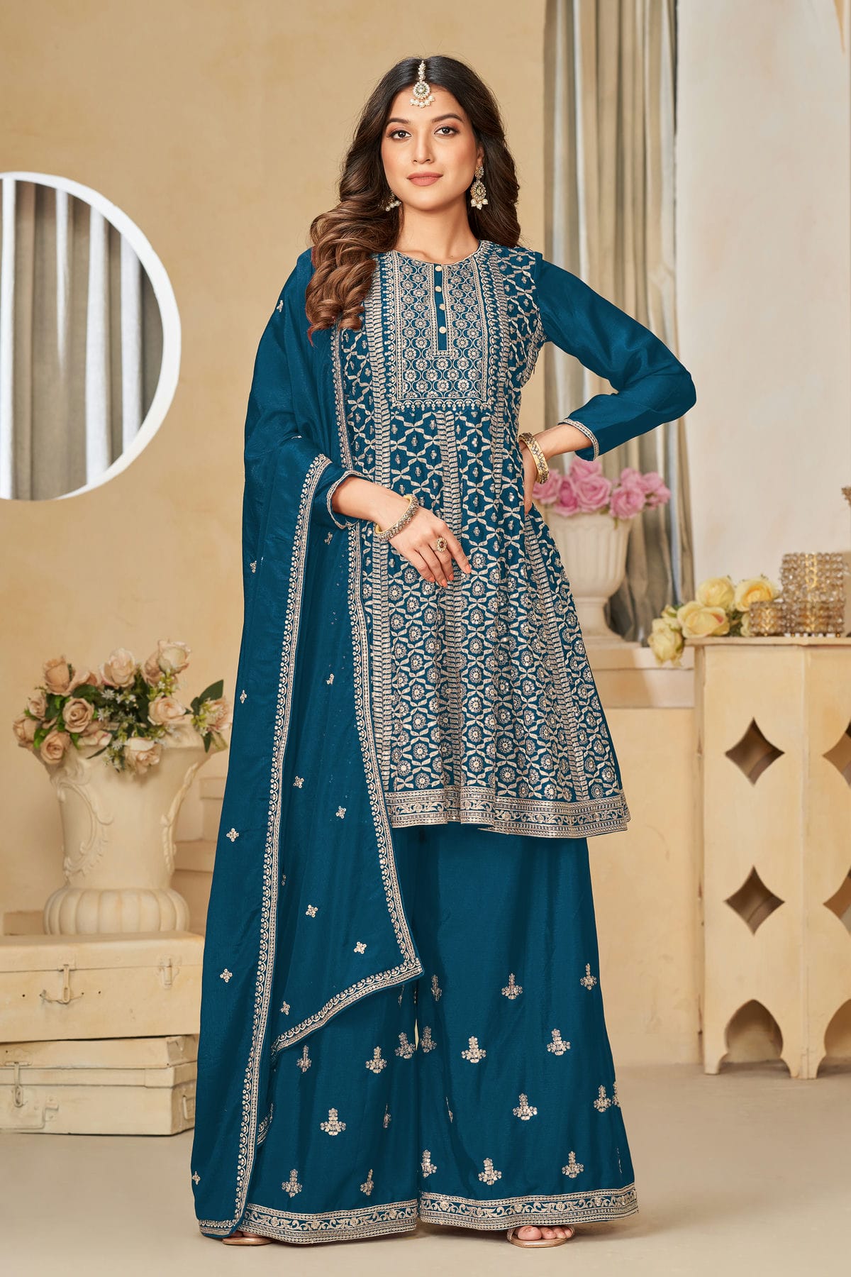 Teal Colour Sharara Suit Chinon Semi Stitched