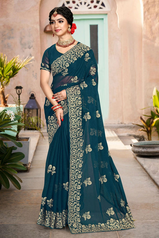 Teal Colour Silk Designer Saree