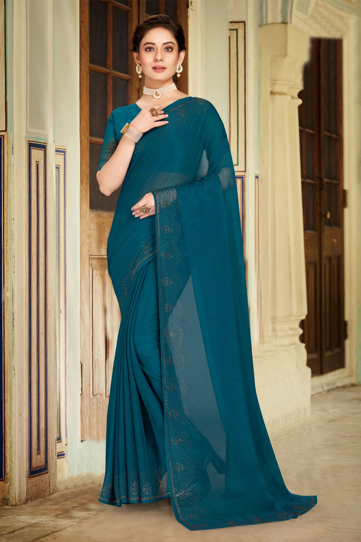 Teal Colour Silk Designer Saree