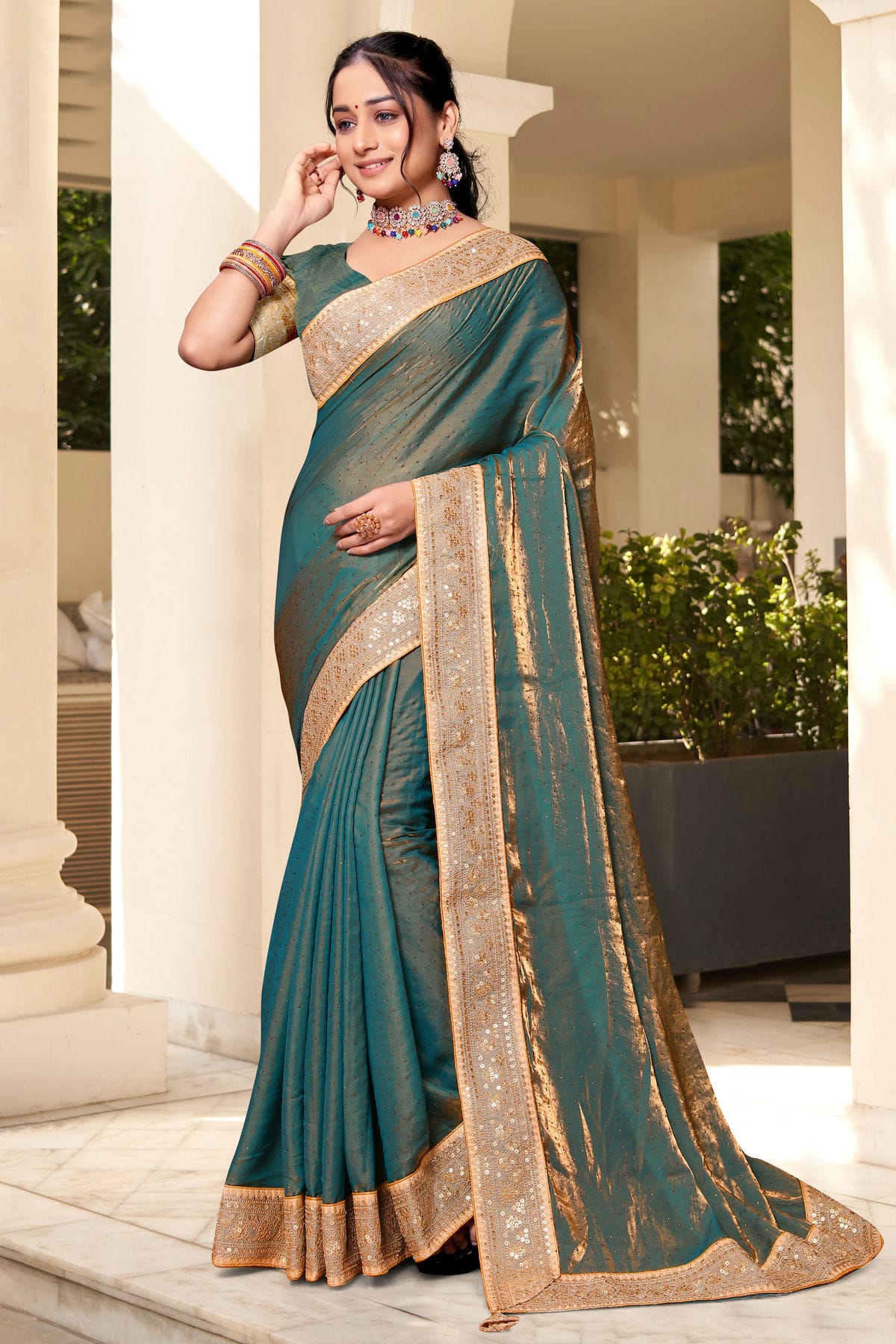 Teal Colour Silk Designer Saree