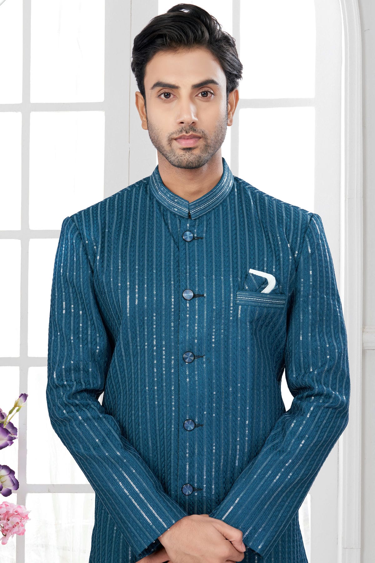 Teal Colour Silk Dupion Sherwani VSSH1040638