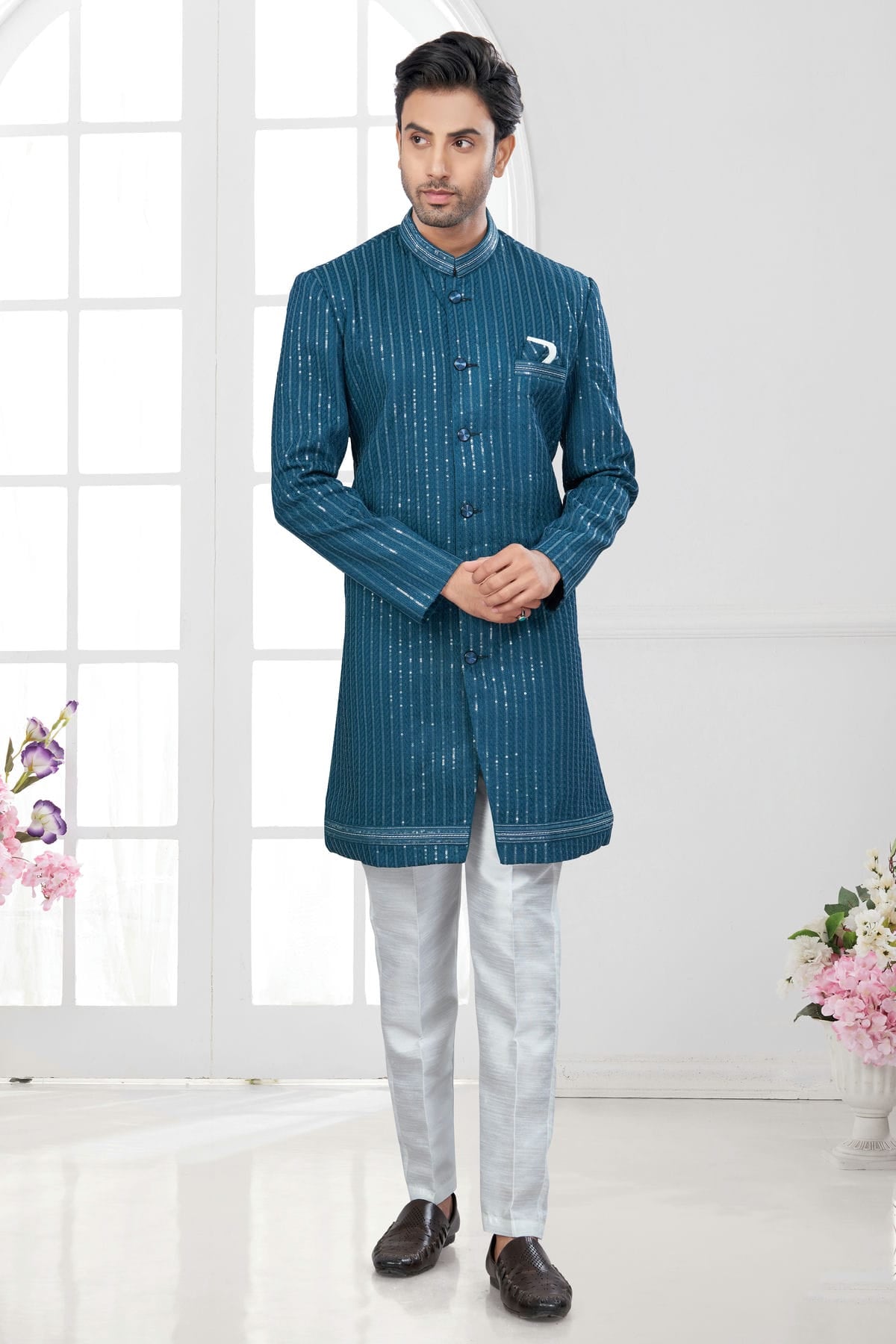 Teal Colour Silk Dupion Sherwani