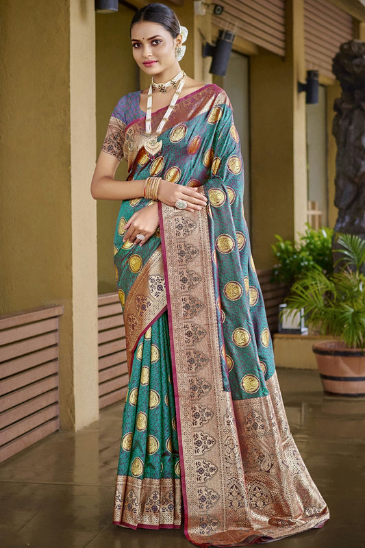 Teal Colour Silk Traditional Saree