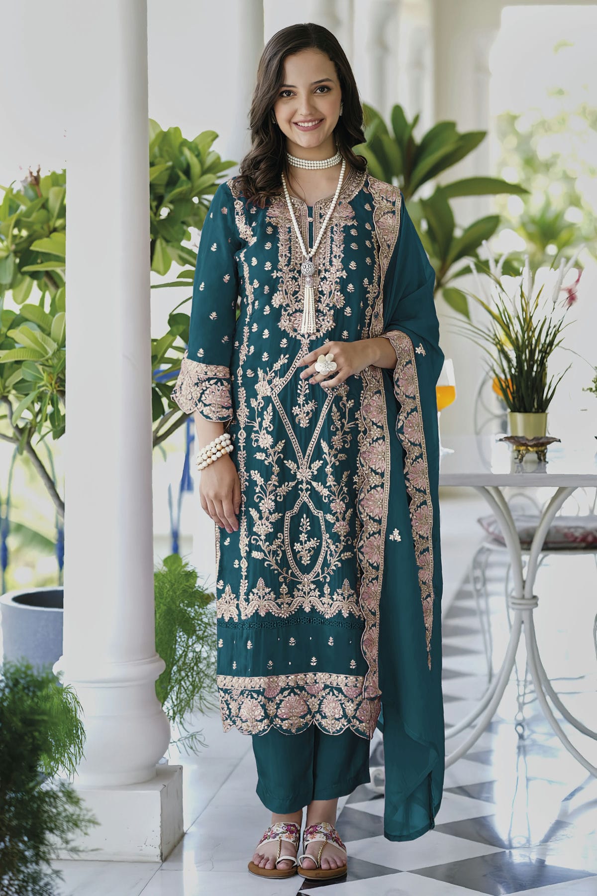 Teal Colour Soft Organza Readymade Pakistani Suit