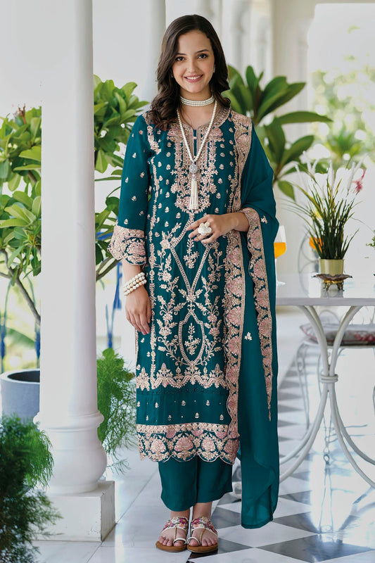 Teal Colour Soft Organza Readymade Pakistani Suit