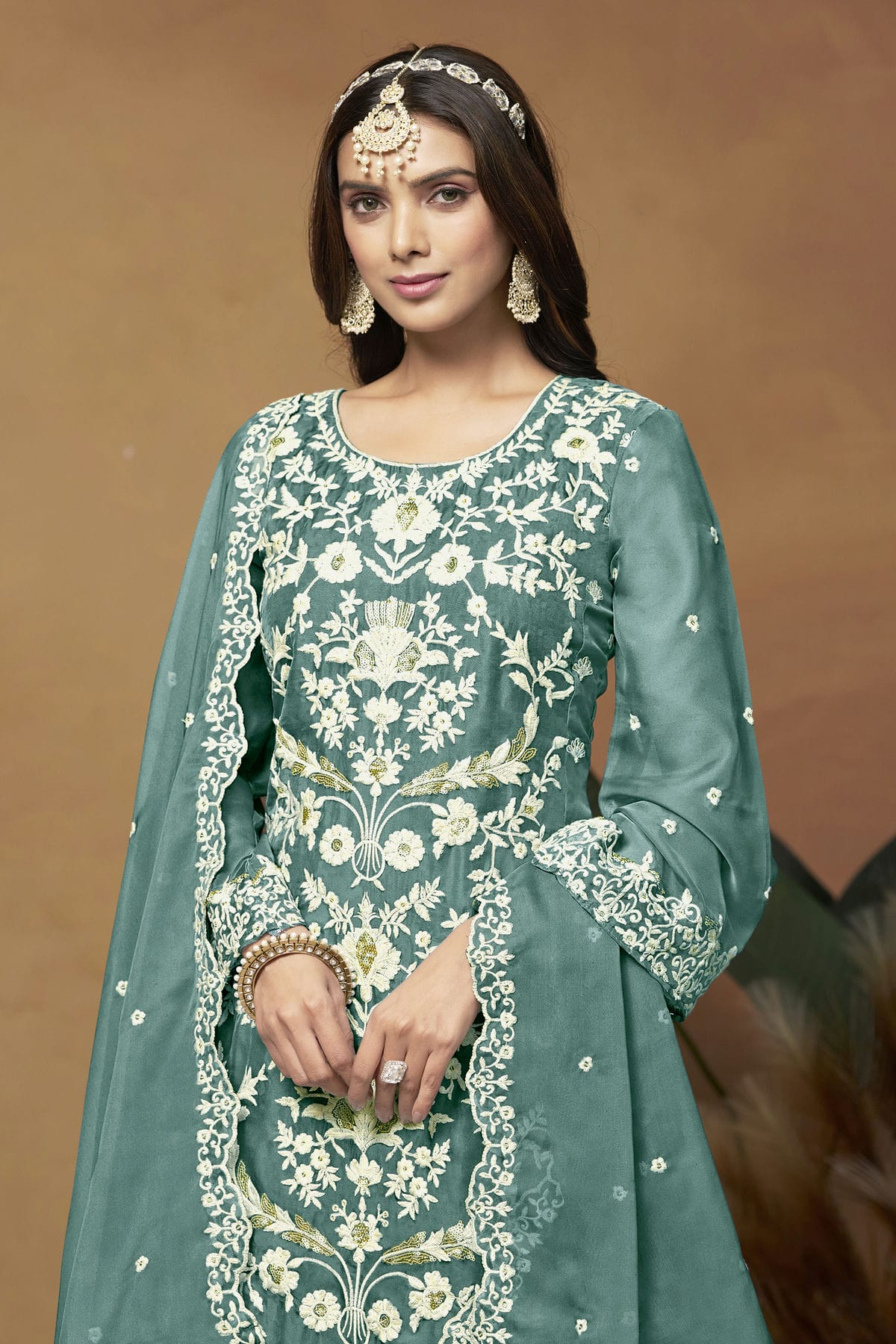 Teal Colour Straight Suit Soft Organza Semi Stitched