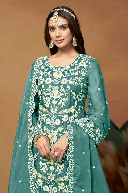 Teal Colour Straight Suit Soft Organza Semi Stitched