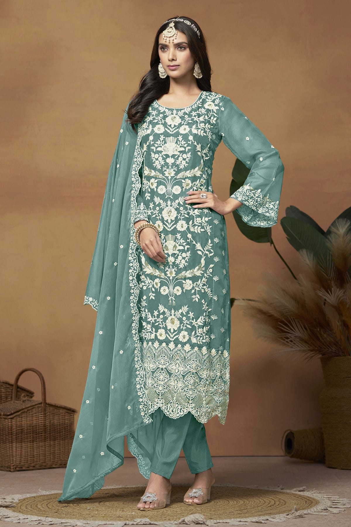 Teal Colour Straight Suit Soft Organza Semi Stitched