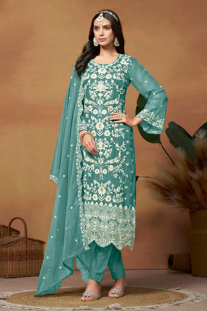 Teal Colour Straight Suit Soft Organza Semi Stitched