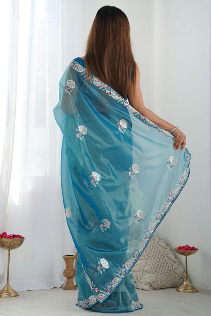 Teal Colour Twill Net Designer Saree