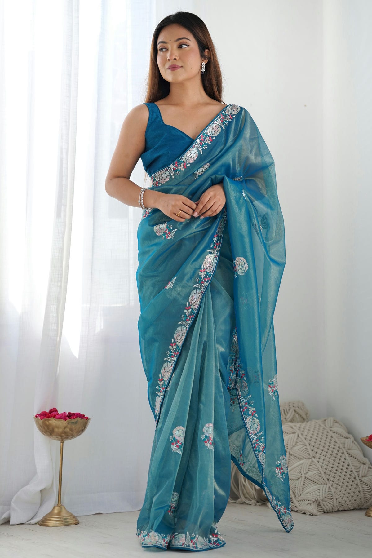 Teal Colour Twill Net Designer Saree