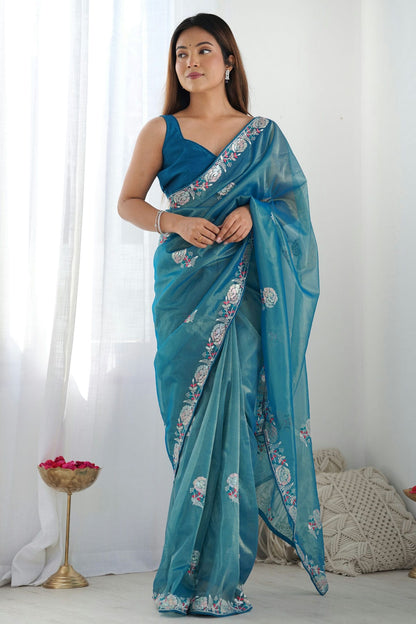 Teal Colour Twill Net Designer Saree