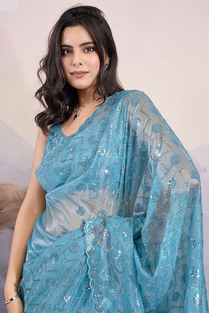 Teal Colour Twill Net Sequins Work Saree VSSD1290043