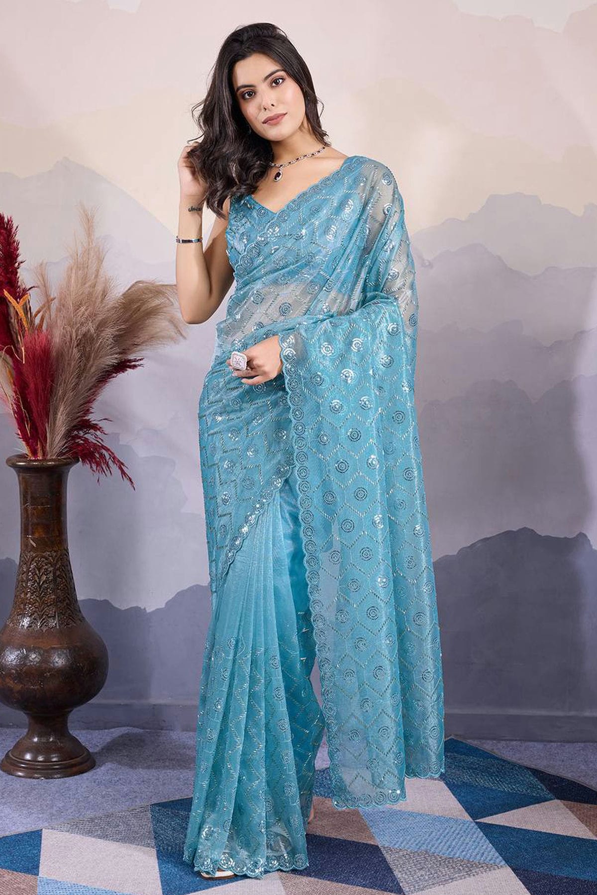 Teal Colour Twill Net Sequins Work Saree