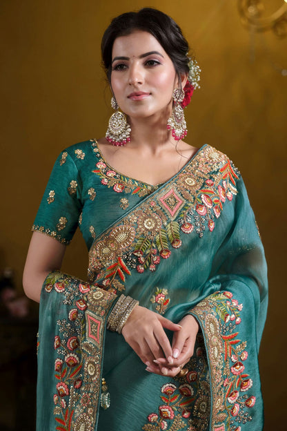 Teal Colour Twill Tissue Designer Saree VSSD1112602