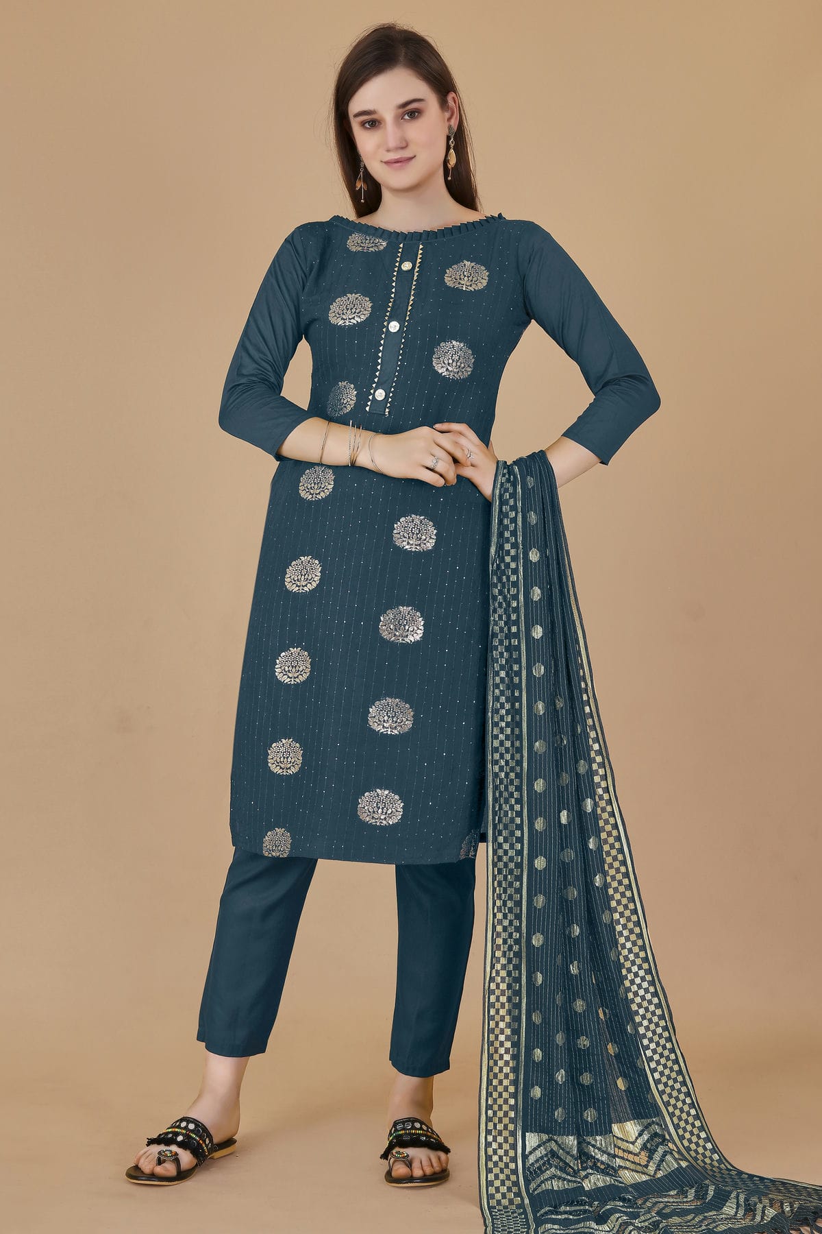 Teal Colour Unstitched Cotton Jacquard Straight Suit