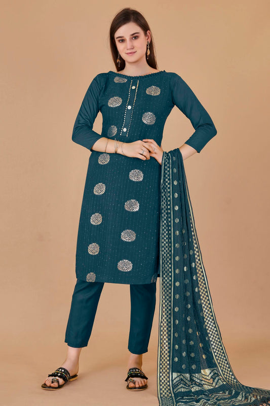 Teal Colour Unstitched Cotton Jacquard Straight Suit