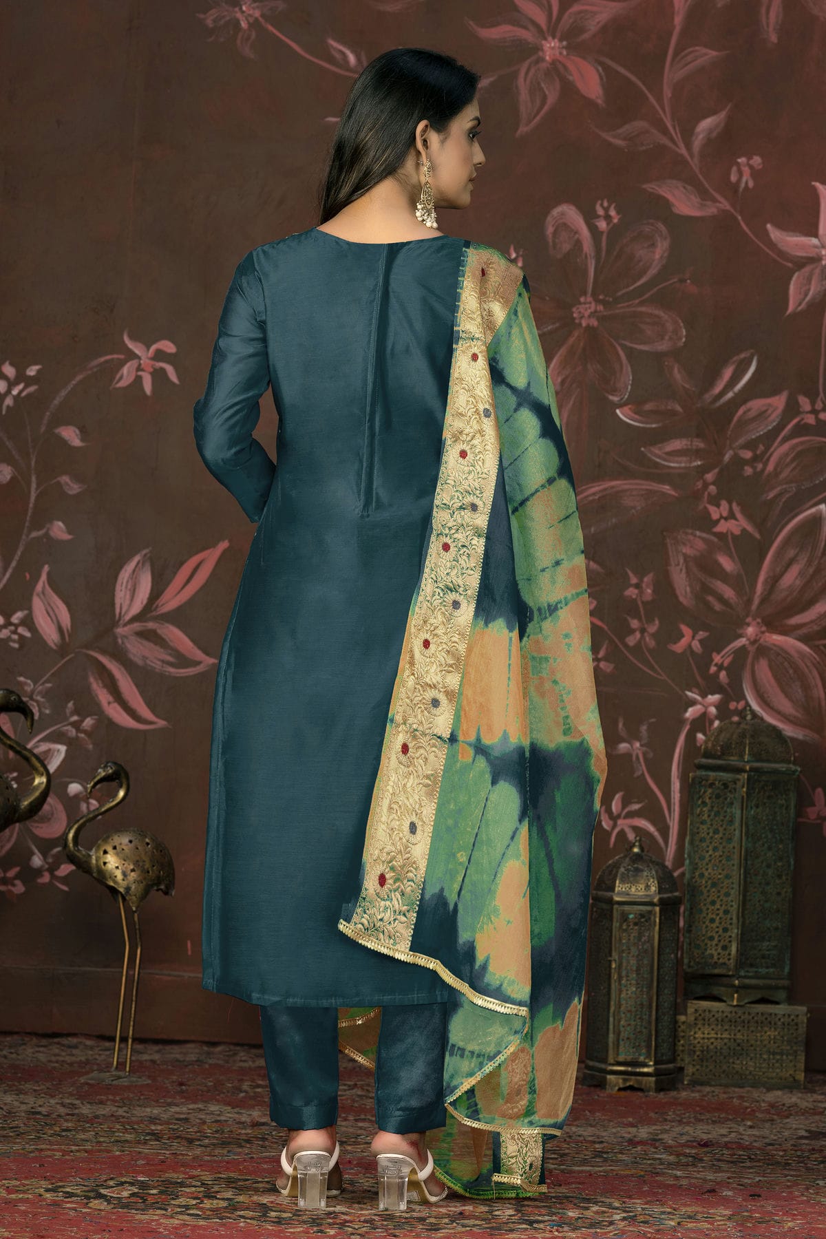 Teal Colour Unstitched Modal Cotton Pant Style Suit