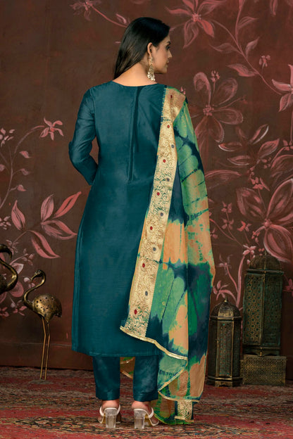 Teal Colour Unstitched Modal Cotton Pant Style Suit