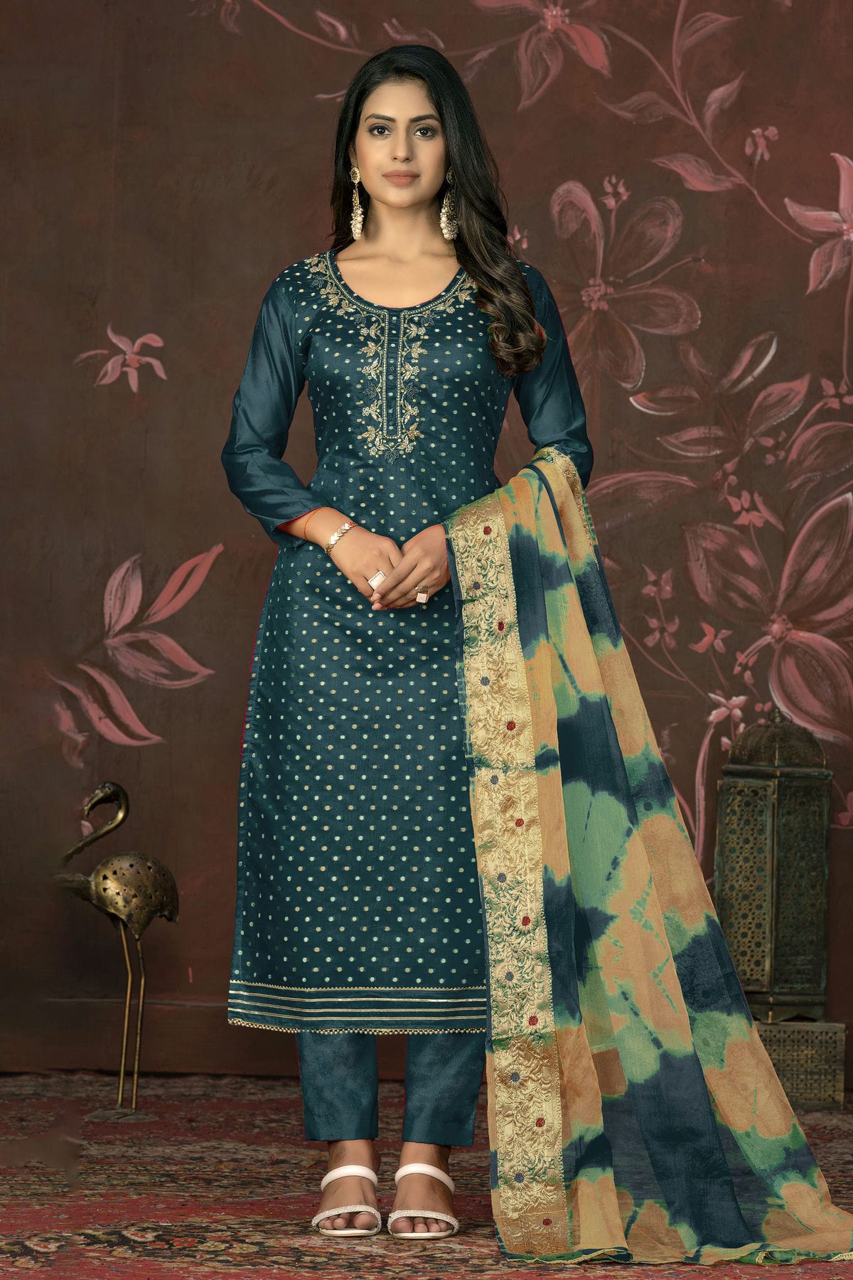 Teal Colour Unstitched Modal Cotton Pant Style Suit