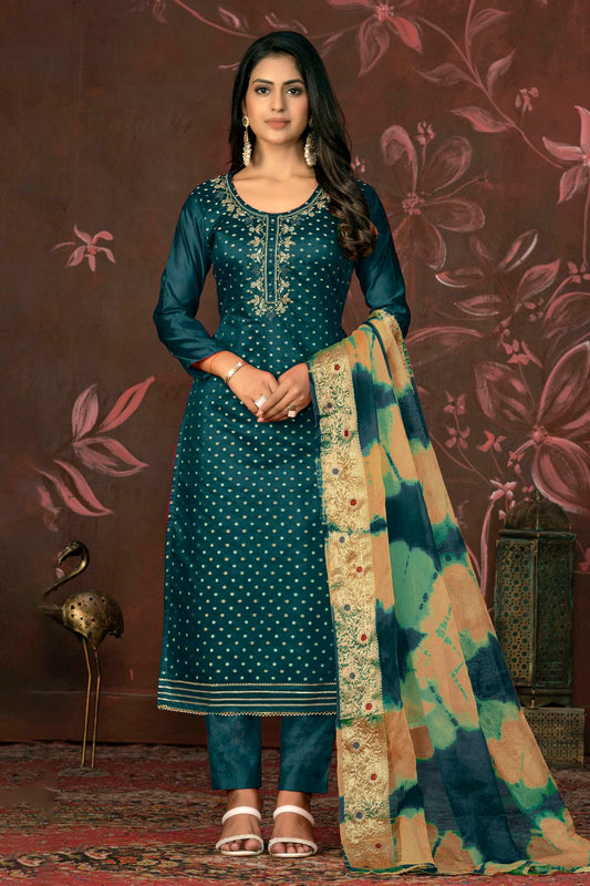 Teal Colour Unstitched Modal Cotton Pant Style Suit