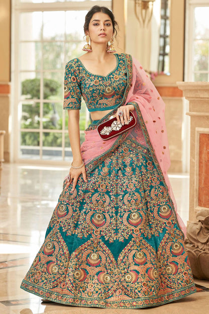 Teal Colour Velvet Lehenga Choli