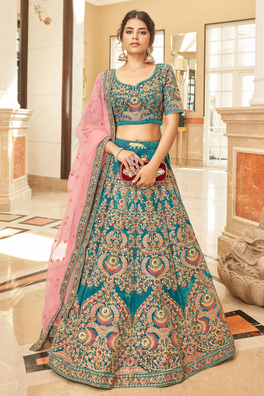 Teal Colour Velvet Lehenga Choli