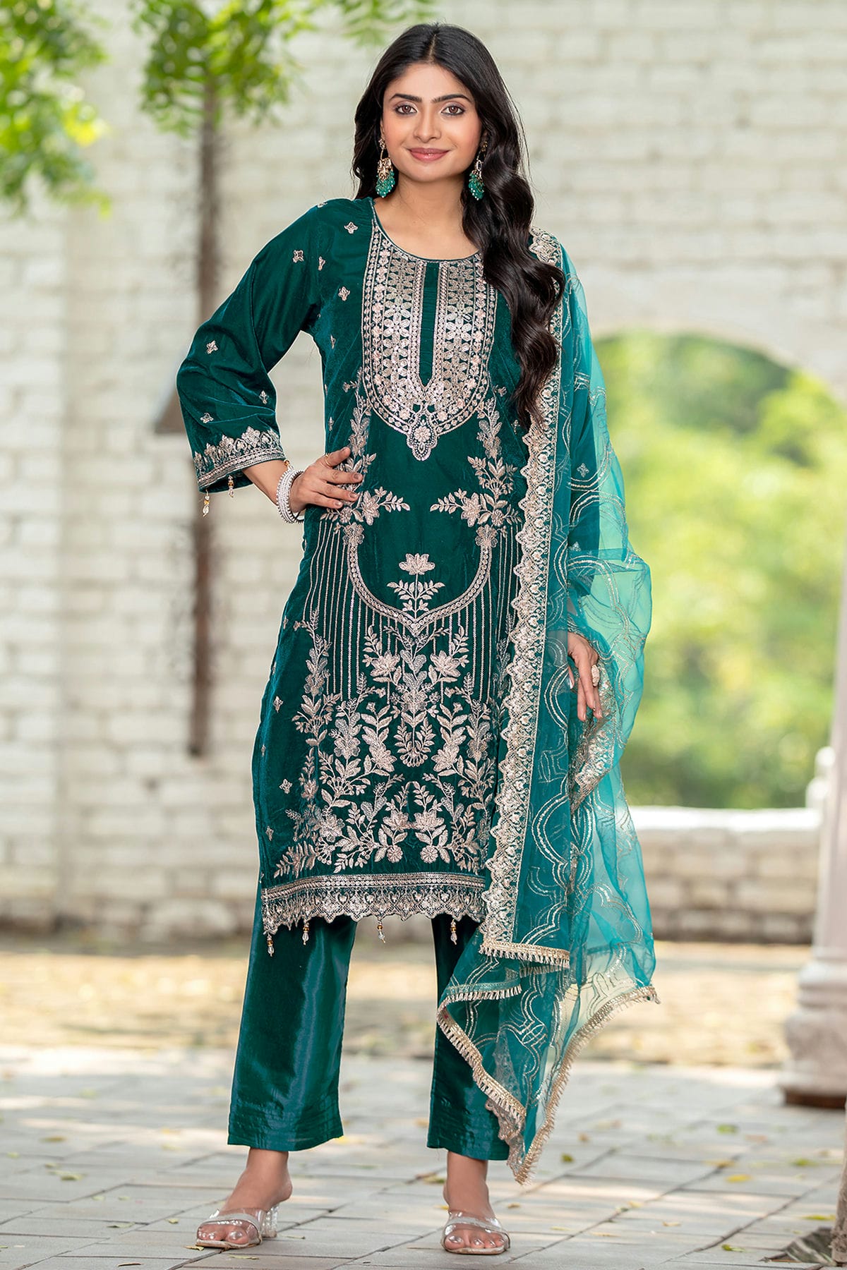 Teal Colour Velvet Semi Stitched Pakistani Suit