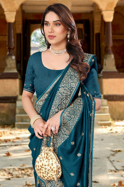 Teal Colour Vichitra Bloming Designer Saree