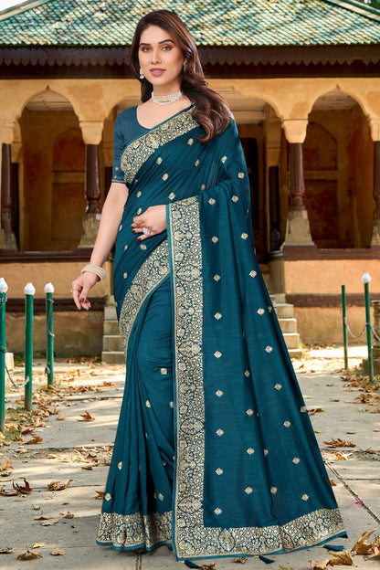 Teal Colour Vichitra Bloming Designer Saree