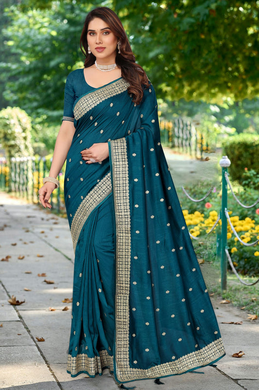 Teal Colour Vichitra Bloming Designer Saree