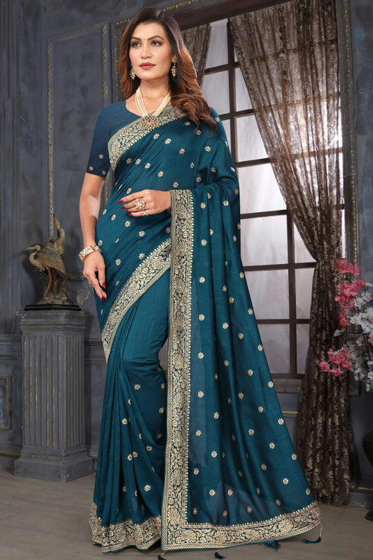 Teal Colour Vichitra Bloming Designer Saree