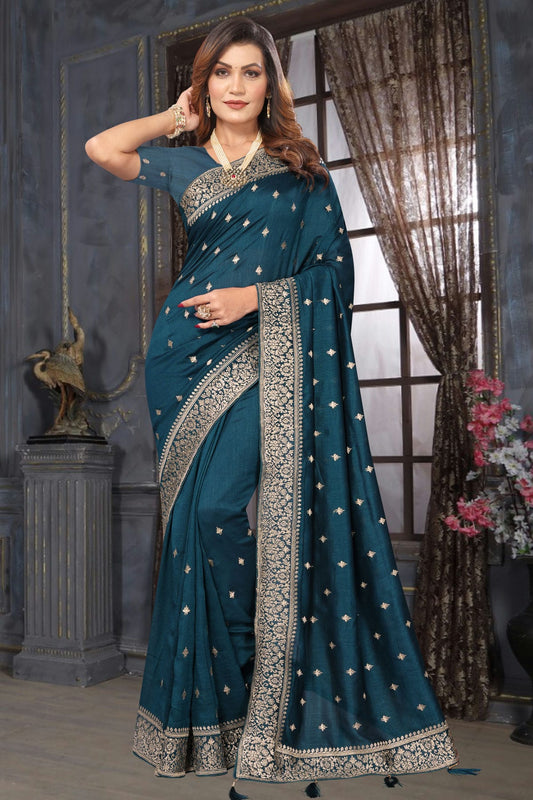 Teal Colour Vichitra Bloming Designer Saree