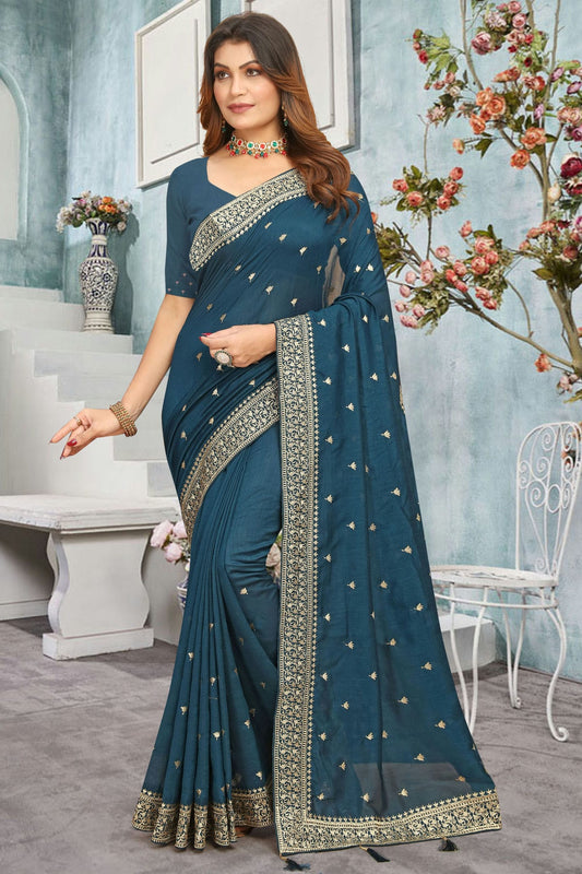 Teal Colour Vichitra Bloming Designer Saree