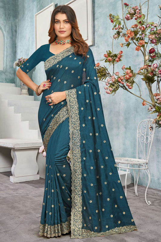 Teal Colour Vichitra Bloming Designer Saree