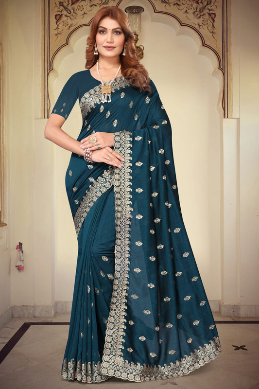 Teal Colour Vichitra Bloming Designer Saree