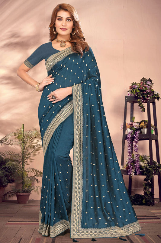 Teal Colour Vichitra Bloming Designer Saree