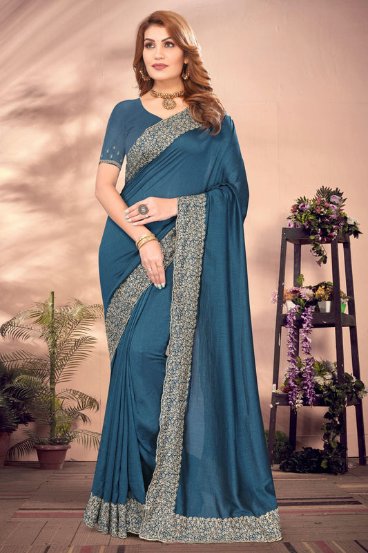 Teal Colour Vichitra Bloming Designer Saree