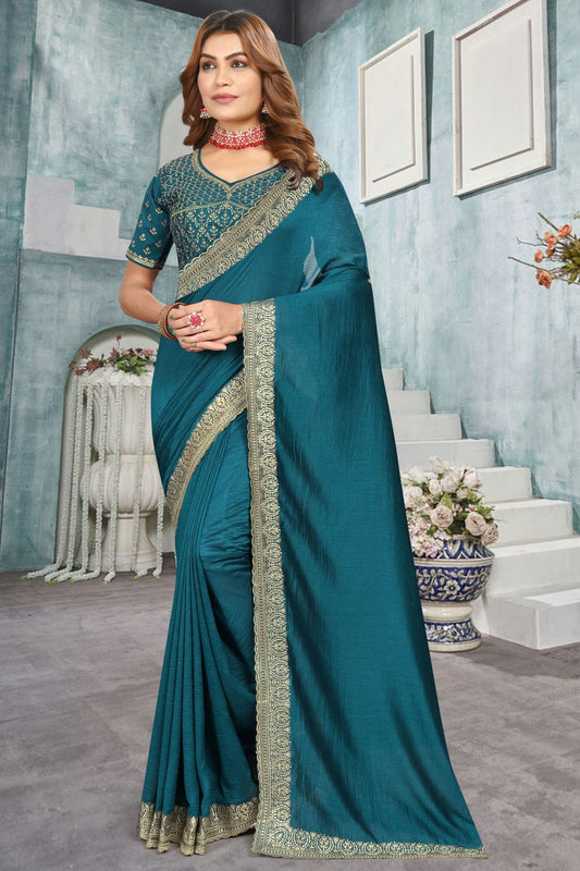 Teal Colour Vichitra Bloming Designer Saree