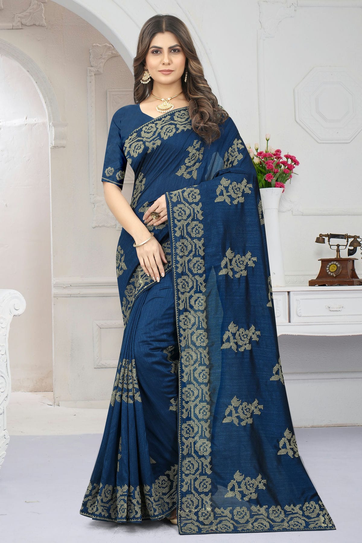 Teal Colour Vichitra Silk Designer Saree