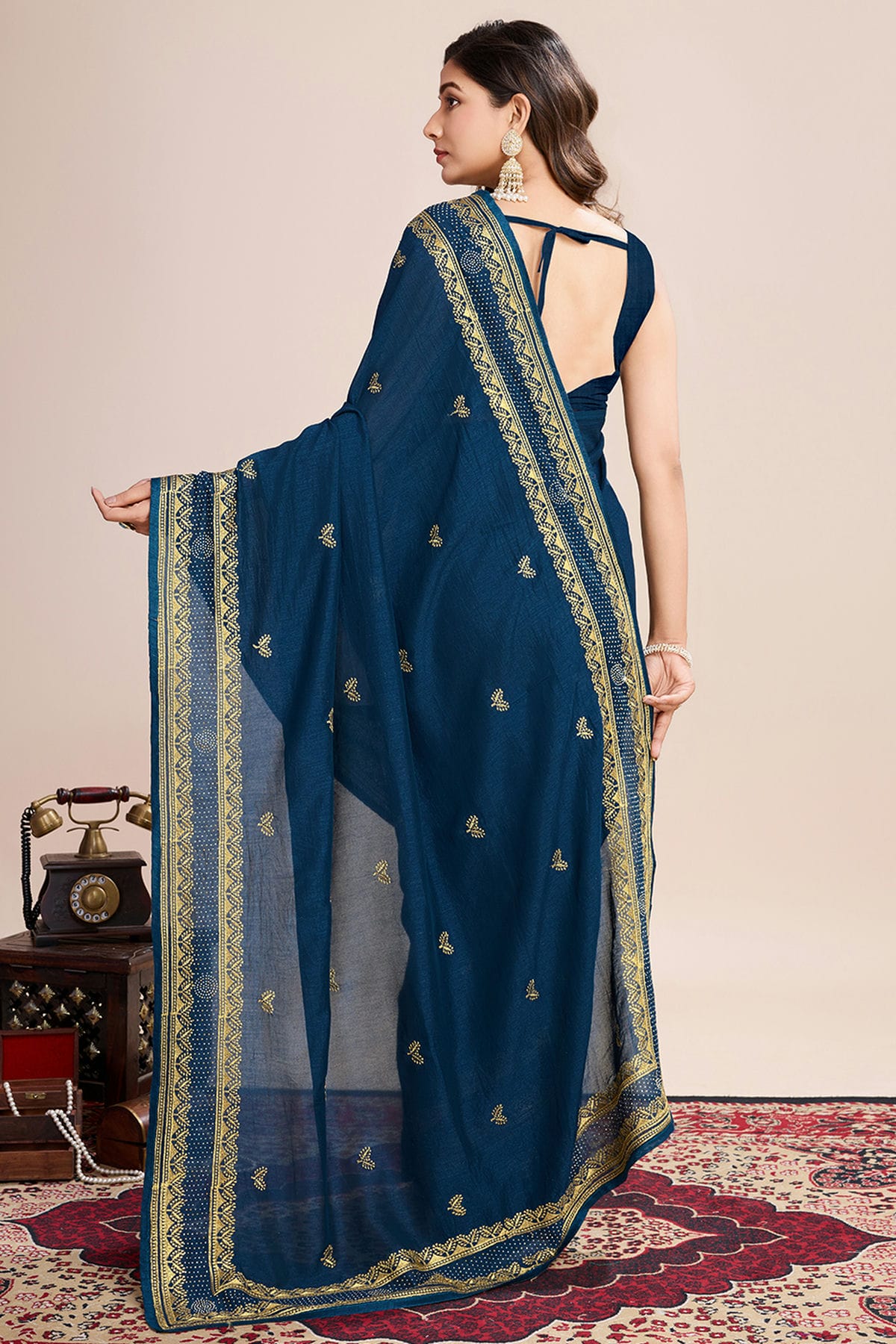 Teal Colour Vichitra Silk Designer Saree