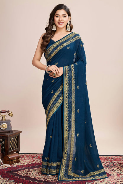 Teal Colour Vichitra Silk Designer Saree