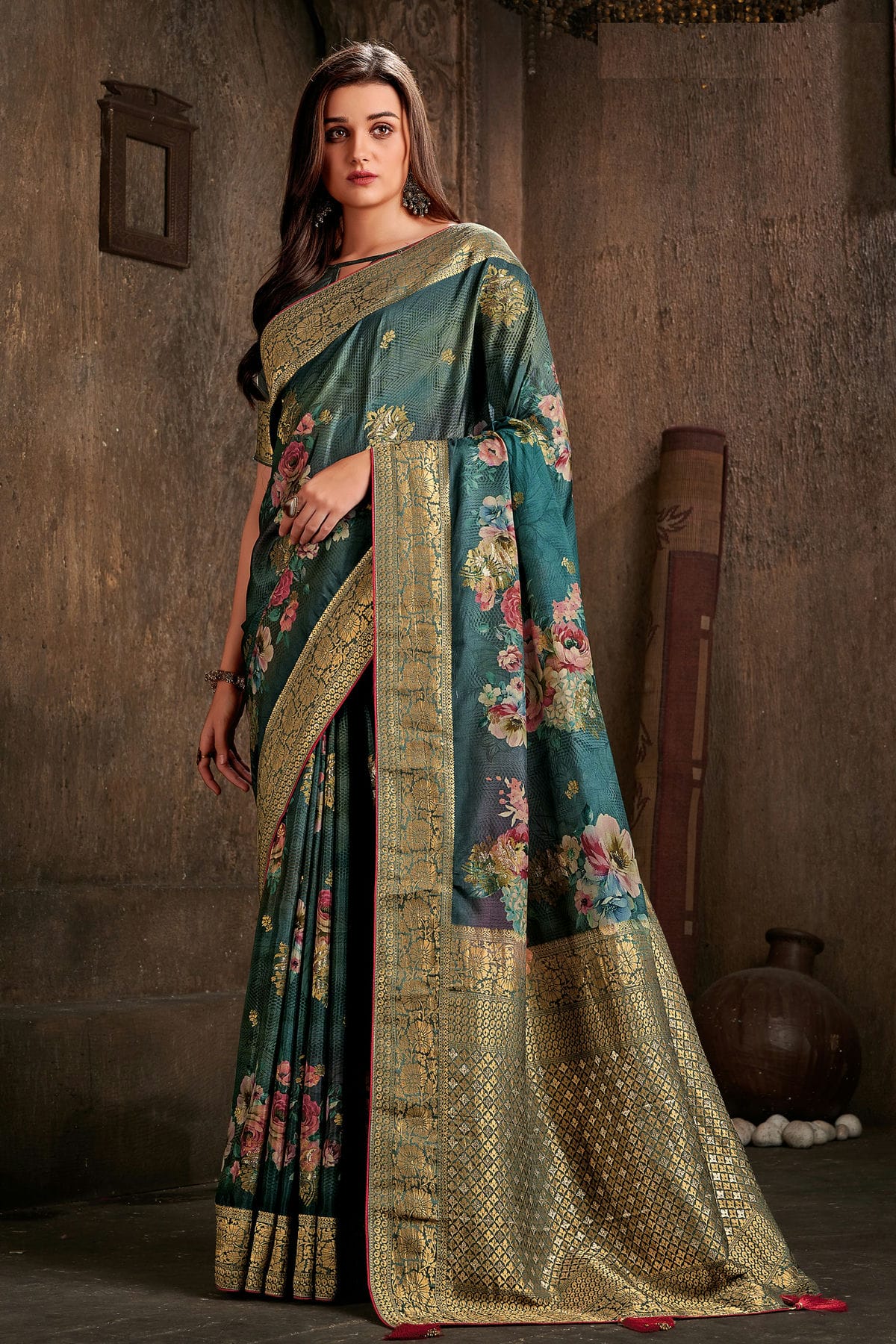 Teal Colour Viscose Silk Printed Saree