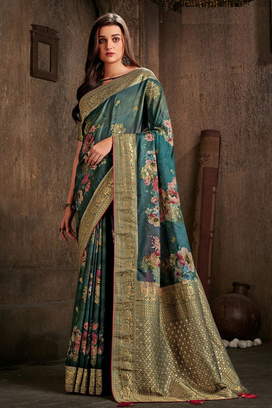 Teal Colour Viscose Silk Printed Saree