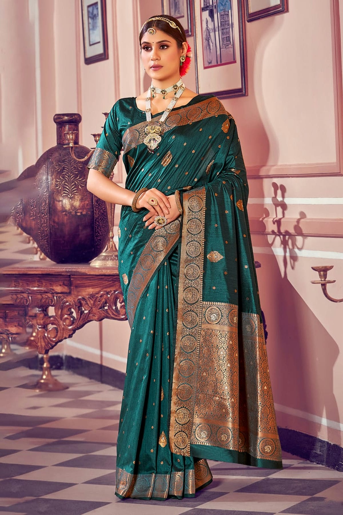 Teal Colour Woven Work Banarasi Silk Saree