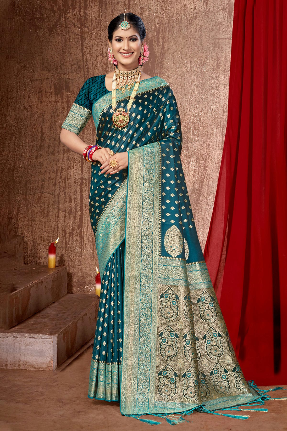 Teal Colour Woven Work Banarasi Silk Saree