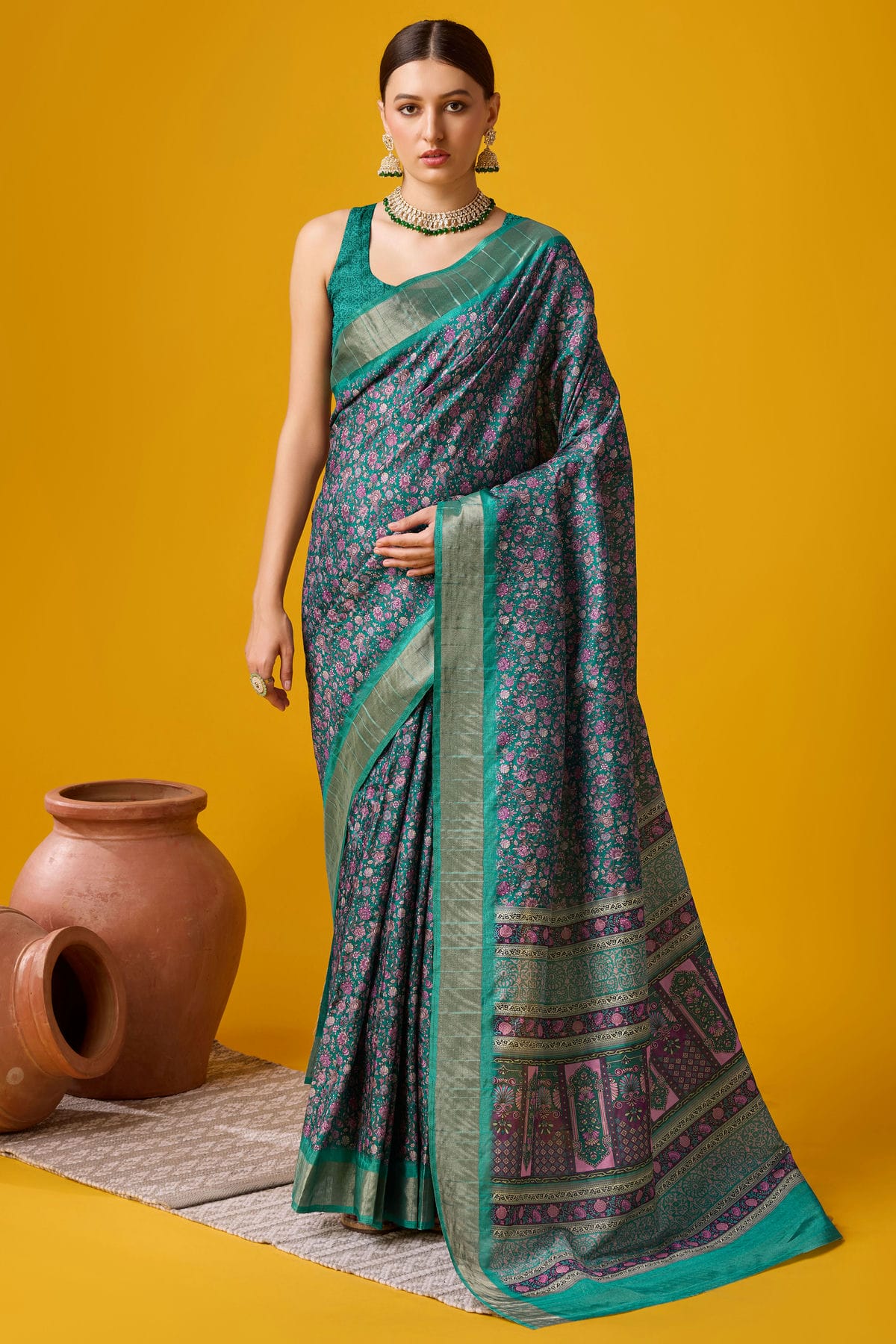 Teal Colour Woven Work Cotton Saree