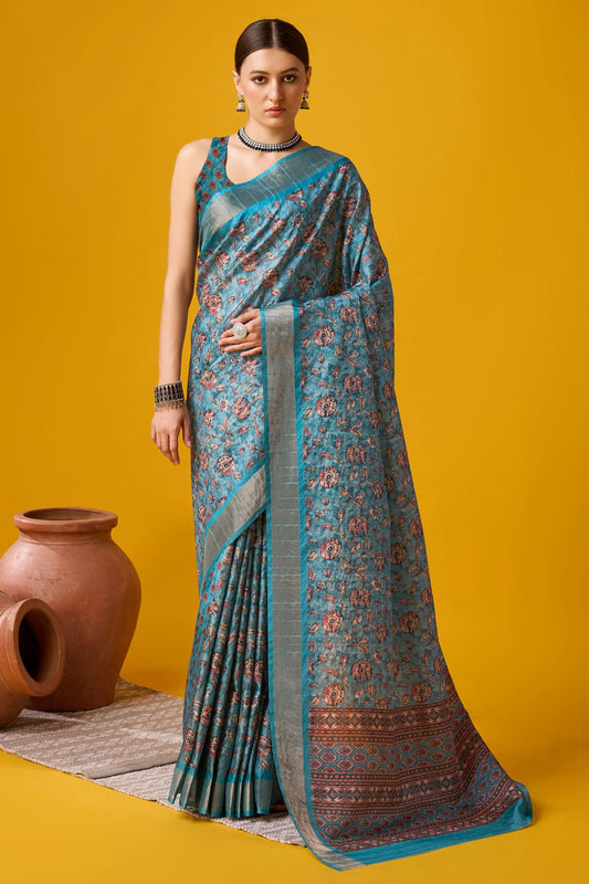 Teal Colour Woven Work Cotton Saree