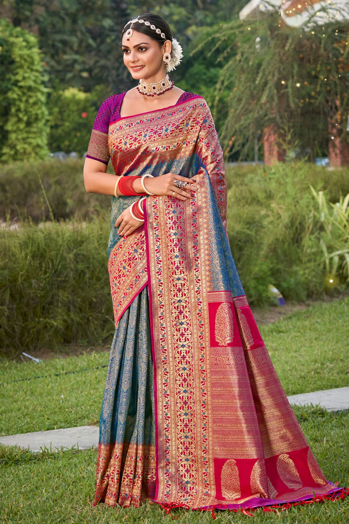 Teal Colour Woven Work Kanjivaram Silk Saree